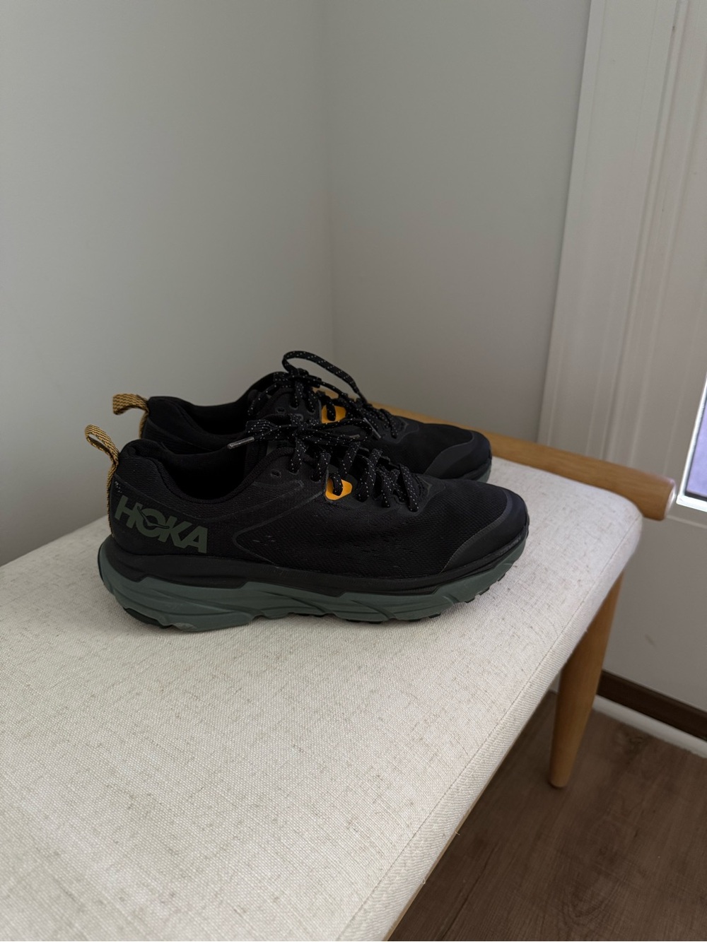 Hoka Men's Black and Olive Green Trail Runners with Yellow Accents